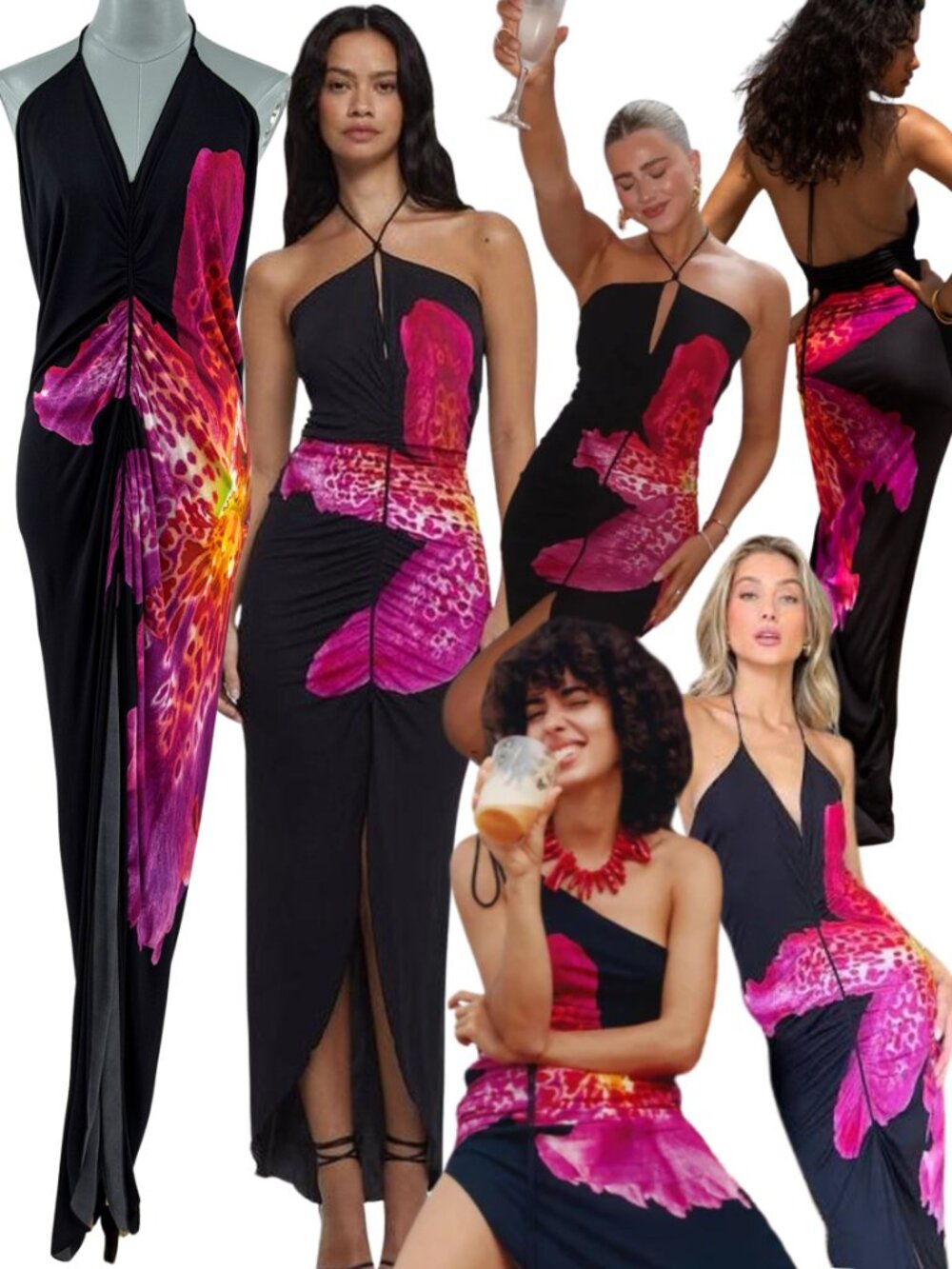 🆕 RAT & BOA 🧿 NWOT Pascala Tropical Orchid Ruched Maxi Dress, Black - Sz S